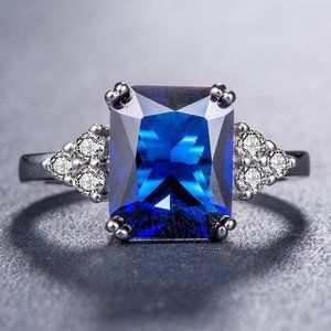 NEW Radiant Cut Blue Sapphire Silver Diamond Ring